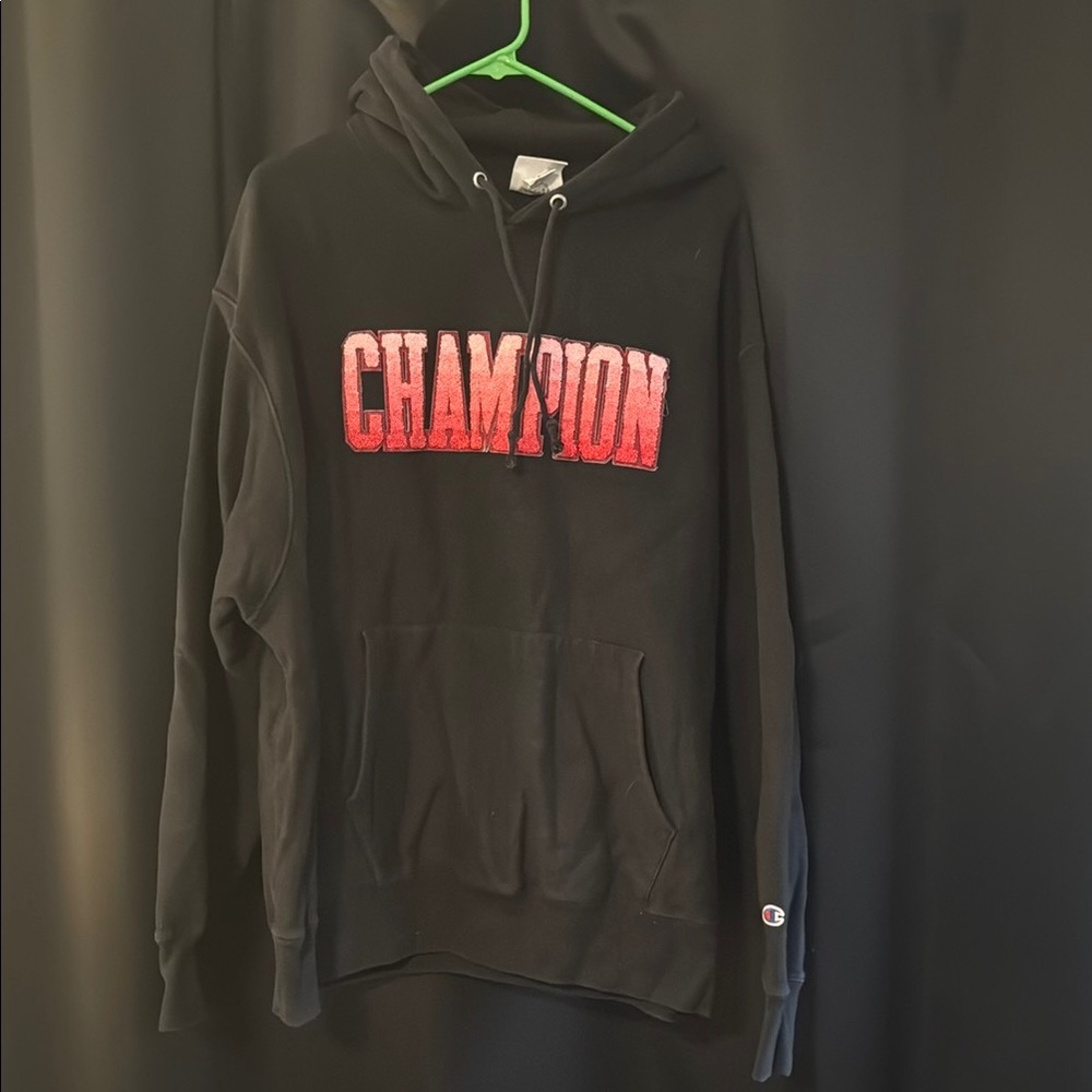 Champion Hoodie in Black with Pink Lettering